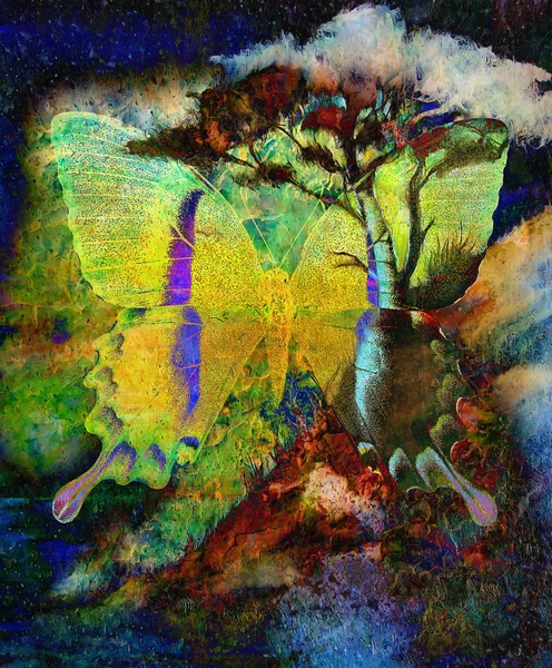 Fondos de color abstracto, collage de pintura con manchas, estructura oxidada y mariposa. Azul, negro, amarillo, rojo y verde . — Foto de Stock