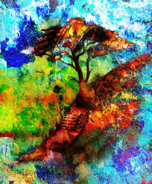 Painting tree, wallpaper landscape, color collage. and abstract grunge background with spots, computer collage. Blue, black, yellow, green and violet color. — ストック写真