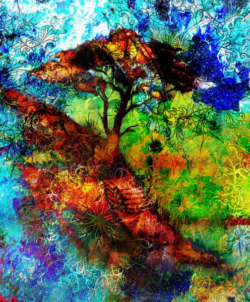 Albero della pittura, paesaggio carta da parati e mandala ornamentale. Collage di sfondo orientale. Colore blu, nero, giallo, verde e viola . — Foto Stock