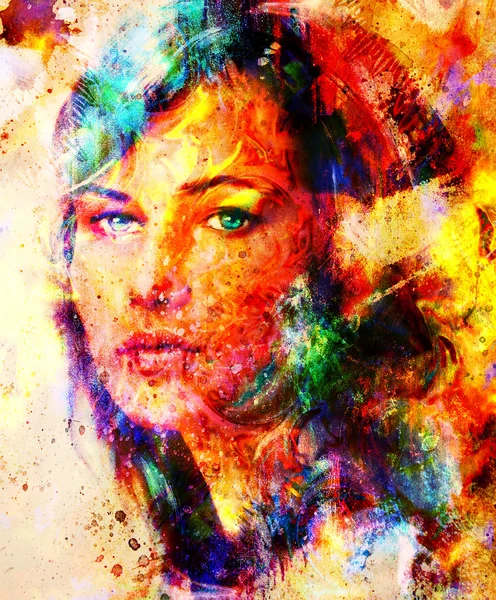 Young woman portrait, color painting on abstract background, computer collage. Eye contact. — Stok fotoğraf