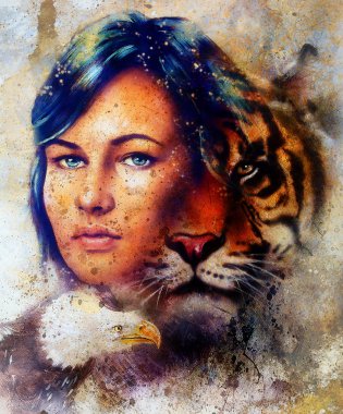 painting of a tiger and eagle head and woman goddess  portrait on colored abstract background, computer collage. Brown, orange, yellow, black and white color.