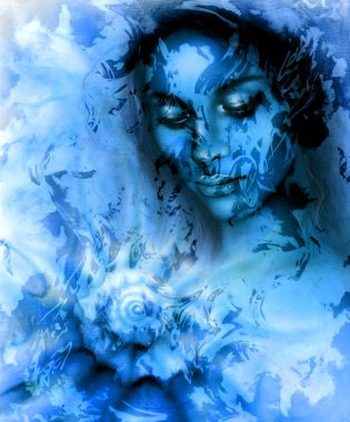 A beautiful portrait of a young woman with closed eyes meditating upon a spiraling seashell, color abstract background, computer collage. Blue, black and white color.