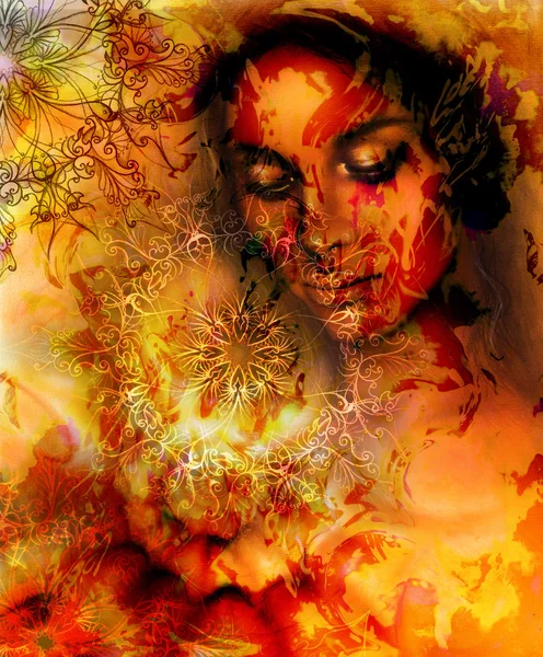 Hermosa mujer de la diosa de la pintura con mandala ornamental y fondo abstracto de color y estructura de fuego. ojos cerrados meditativos. Marrón, naranja, amarillo . —  Fotos de Stock