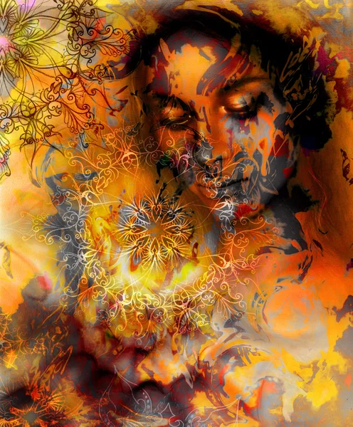 Belle peinture déesse femme avec mandala ornemental et couleur fond abstrait et structure de feu. les yeux fermés méditatifs. Couleur marron, orange, jaune . — Photo