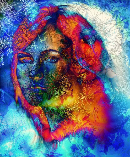 Göttin Frau und orientalische ornamentale Mandala und Farbe abstrakten Hintergrund mit Flecken. — Stockfoto