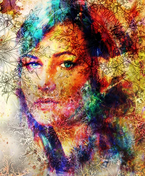 Beautiful Painting Goddess Woman with ornamental mandala and color abstract background. Blue, black, yellow, white and red color. — Stock Photo, Image