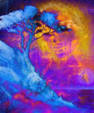 Goddess woman, with ornamental face and tree, and color abstract background. meditative closed eyes. Blue, black, yellow and violet color.