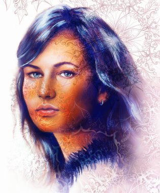 Beautiful Painting Goddess Woman with ornamental mandala and color abstract background  and desert crackle. Pink, violet, blue, and black color.