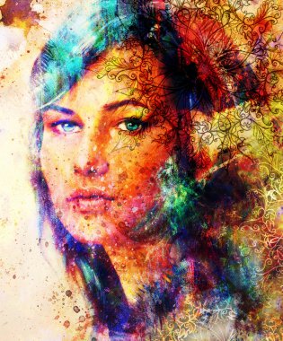 Beautiful Painting Goddess Woman with ornamental mandala and color abstract background.