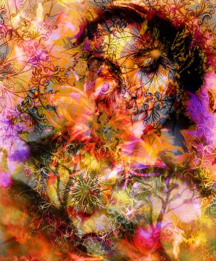 Beautiful Painting Goddess Woman with ornamental mandala and color abstract background  and Tree, black, yellow and red color.