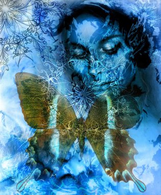 Beautiful Painting Goddess Woman with ornamental mandala and butterfly  and color abstract background  and fire structure. meditative closed eyes. Blue, black and white color.