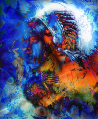 young indian warrior and woman face,  abstract color background.