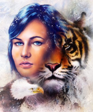 painting of a tiger and eagle head and woman goddess  portrait on colored abstract background, computer collage. Brown, orange, yellow, black and white color.