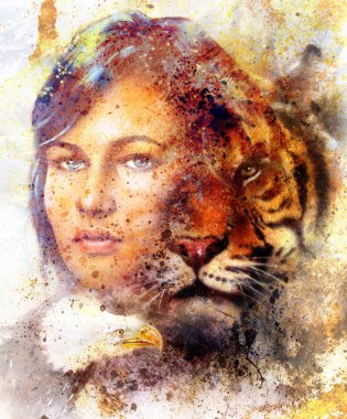 painting of a tiger and eagle head and woman goddess  portrait on colored abstract background, computer collage, vintage effect. Brown, orange, yellow, black and white color.