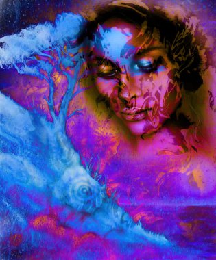 Goddess woman, with ornamental face and tree, and color abstract background. meditative closed eyes,  computer collage . Pink, violet, blue, and black color.
