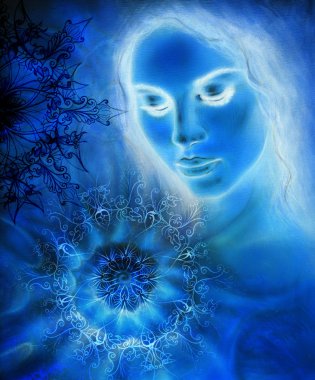 Beautiful Painting Goddess Woman with ornamental mandala and color abstract background  and desert crackle. meditative closed eyes. Blue, black and white color.