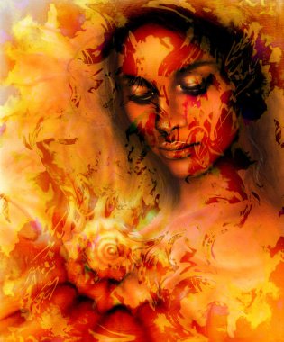 A beautiful portrait of a young woman with closed eyes meditating upon a spiraling seashell, color abstract background, computer collage. Red, orange, black color.
