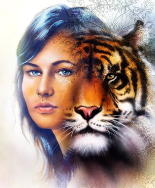 painting of a bright mighty tiger head on ornamental background and mystic woman face, computer collage. Brown, orange, yellow, black and white color.