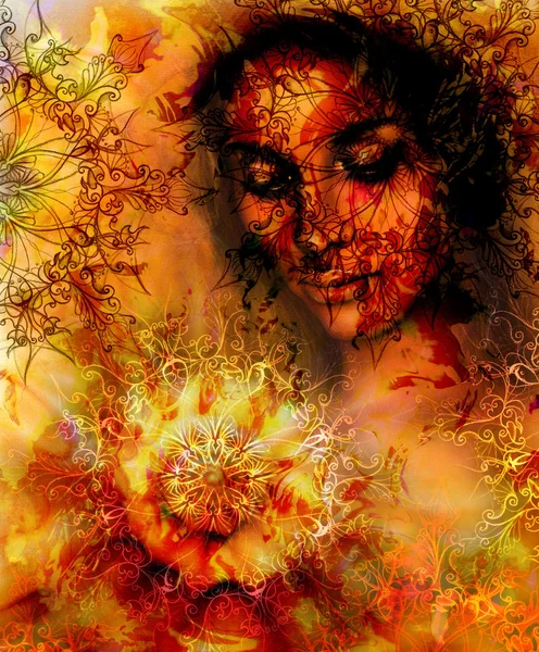 Hermosa Diosa de la Pintura Mujer con mandala ornamental y fondo abstracto de color. Rojo, naranja, amarillo . —  Fotos de Stock