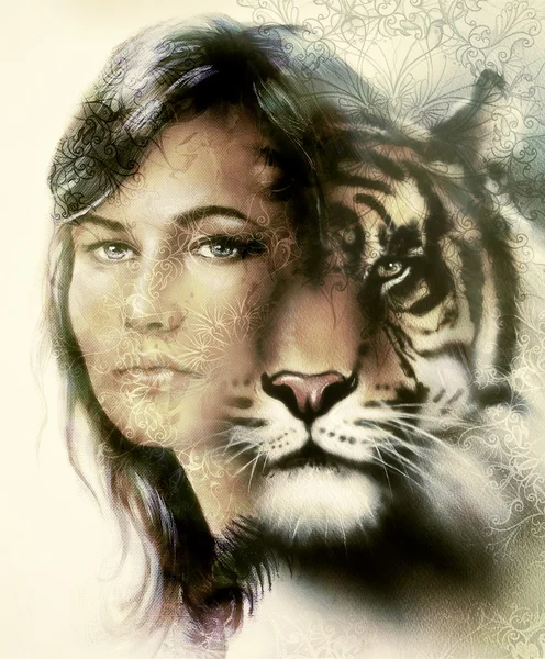 Gemälde eines hellen mächtigen Tigerkopfes auf ornamentalem Hintergrund und mystischem Frauengesicht, Computercollage. — Stockfoto