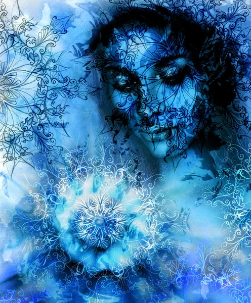 Beautiful Painting Goddess Woman with ornamental mandala and color abstract background  and desert crackle. Blue, black and white color. — Zdjęcie stockowe