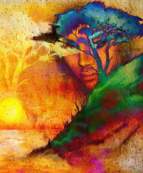 Богиня женщина, с декоративным лицом и деревом, и цвет абстрактного фона. медитативные закрытые глаза . — стоковое фото