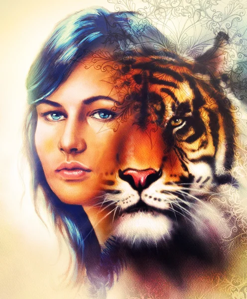 Maalaus kirkas mahtava tiikeri pää koriste tausta ja mystinen nainen kasvot, tietokone kollaasi. Ruskea, oranssi, keltainen, musta ja valkoinen väri . — kuvapankkivalokuva