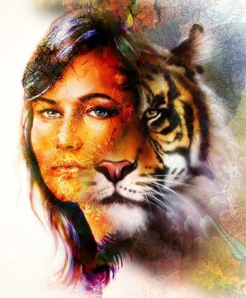 Painting of a bright mighty tiger head on ornamental background and mystic woman face, computer collage. — Stockfoto