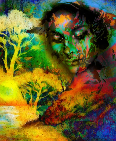 Богиня з декоративним обличчям і деревом, і кольоровим абстрактним тлом. медитативні закриті очі, комп'ютерний колаж . — стокове фото
