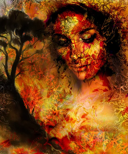 Beautiful Painting Goddess Woman with ornamental mandala and color abstract background  and Tree. Brown, orange, yellow color. — 스톡 사진