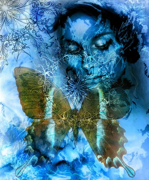 Beautiful Painting Goddess Woman with ornamental mandala and butterfly  and color abstract background  and fire structure. meditative closed eyes. Blue, black and white color. — Stok fotoğraf