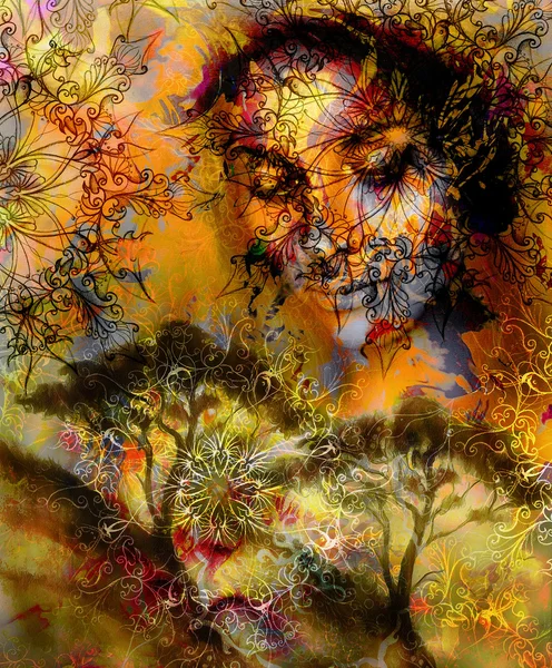 Beautiful Painting Goddess Woman with ornamental mandala and color abstract background  and Tree. — Stock Photo, Image