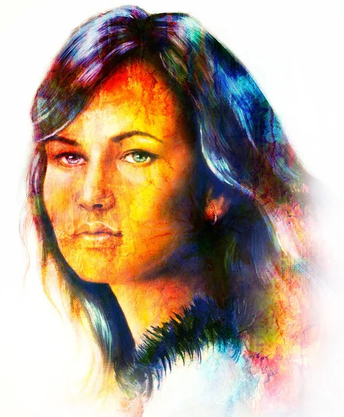 Portrait de jeune femme, avec de longs cheveux foncés, collage peinture couleur. Couleur marron, orange, jaune, noir et blanc . — Photo
