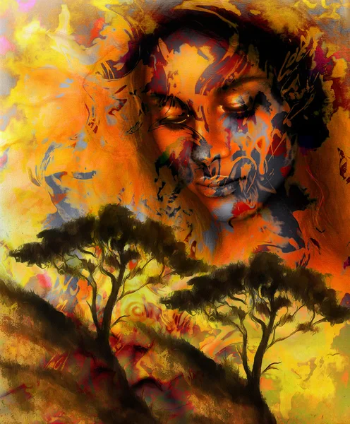 Mujer diosa, con cara y árbol ornamentales, y fondo abstracto de color. ojos cerrados meditativos. Marrón, naranja, amarillo . —  Fotos de Stock