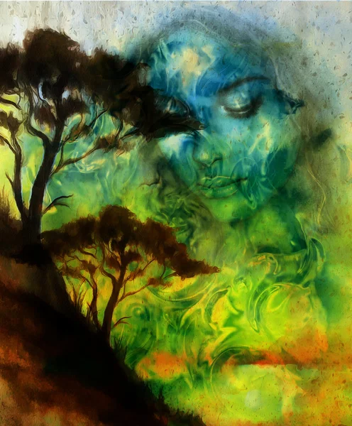 Goddess woman, with ornamental face and tree, and color abstract background. meditative closed eyes,  computer collage. — Stock Fotó