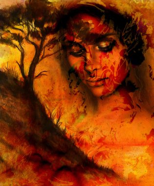 Goddess woman, with ornamental face and tree, and color abstract background. meditative closed eyes,  computer collage. Red, orange, black color.