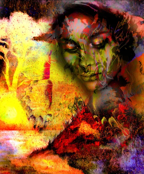 Mujer diosa, con cara y árbol ornamentales, y fondo abstracto de color. ojos cerrados meditativos, collage informático. Rojo, naranja, amarillo . —  Fotos de Stock