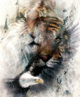 beautiful painting of eagle and tiger on an color abstract background with ornamental pattern, with spot structures. computer collage, vintage effect. Brown, orange, black and white color.