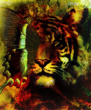portrait tiger with eagle and butterfly wings.. Color Abstract background and ornament, vintage structure. Animal concept. orange, green, red, black color.