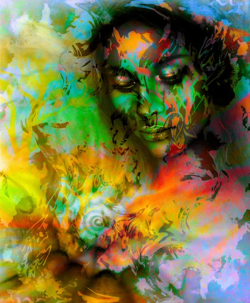 Egy fiatal nő, csukott szemek, meditál, egy spirális kagyló szép festékszóró portréja — Stock Fotó