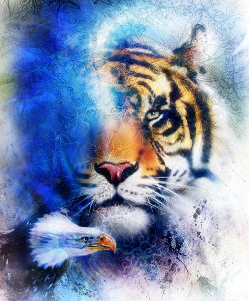 Retrato de tigre con águila. Color Fondo abstracto y ornamento, estructura vintage y de papel. Concepto animal, contacto visual. Color azul, naranja, blanco y negro. — Foto de Stock