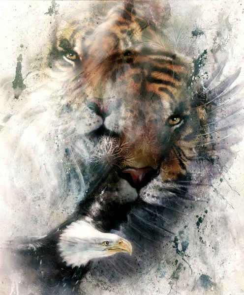 Beautiful painting of eagle and tiger on an color abstract background with ornamental pattern, with spot structures. computer collage, vintage effect. Brown, orange, black and white color. — Stockfoto