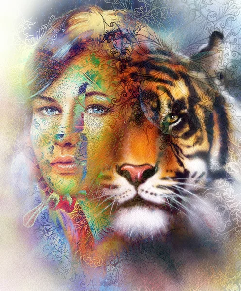 Pintura de una poderosa cabeza de tigre brillante sobre fondo ornamental y cara de mujer mística, collage de computadora . — Foto de Stock