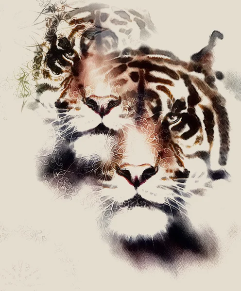 Pintura de uma cabeça de tigre poderoso brilhante no fundo ornamental. Colagem de computadores. variante vintage . — Fotografia de Stock