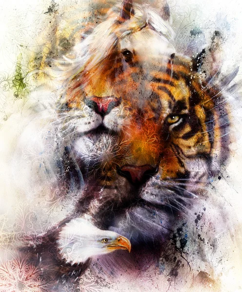 portrait tiger with eagle.  Color Abstract background and ornament, vintage and paper structure. Animal concept, eye contact. Brown, orange, black and white color.