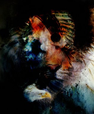 painting young indian warrior wearing a gorgeous feather headdress, and eagle with tiger. profile portrait, abstract color background.