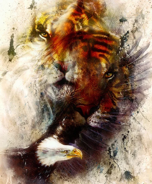Hermosa pintura de águila y tigre sobre un fondo abstracto de color con patrón ornamental, con estructuras de manchas. Marrón, naranja, blanco y negro . — Foto de Stock