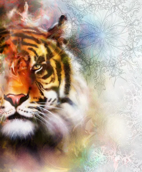 Colagem de tigre em fundo abstrato cor e mandala com ornamet, animais selvagens . — Fotografia de Stock