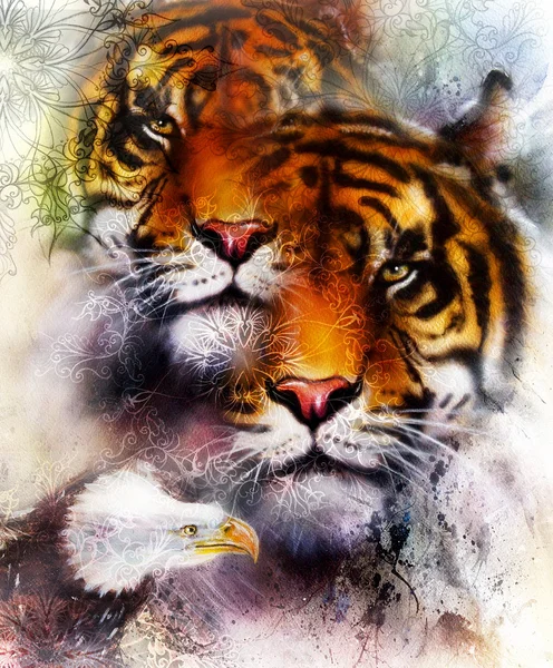 Tigre con águila y mandala ornamental. animales de la fauna sobre fondo de la pintura, contacto visual. Marrón, naranja, blanco y negro . — Foto de Stock