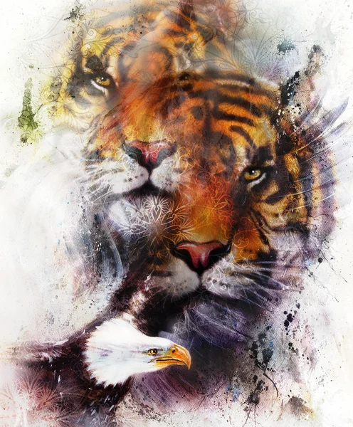 Tigre con aquila e mandala ornamentale. animali della fauna selvatica su sfondo pittura, Contatto visivo. Colore marrone, arancio, bianco e nero . — Foto Stock